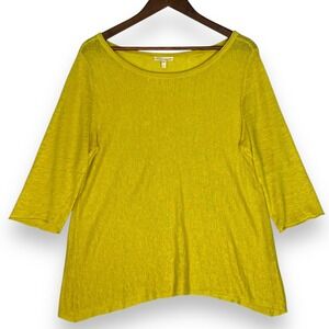 Eileen Fisher Linen Top 3/4 Sleeve Lightweight Knit Boat Neck Yellow Lagenlook L